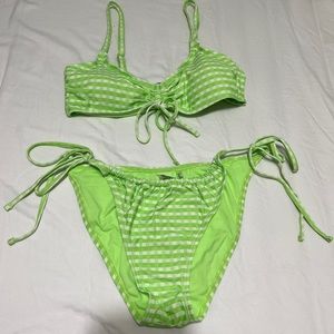 Lulus Check Yourself Out Light Green Gingham Bralette Bikini Top and Botton Set